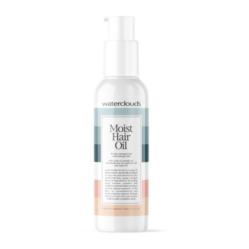 Een witte sprayfles met Waterclouds Moist Hair Oil, bedoeld voor beschadigd en droog haar, met gekleurde banden rond het label.