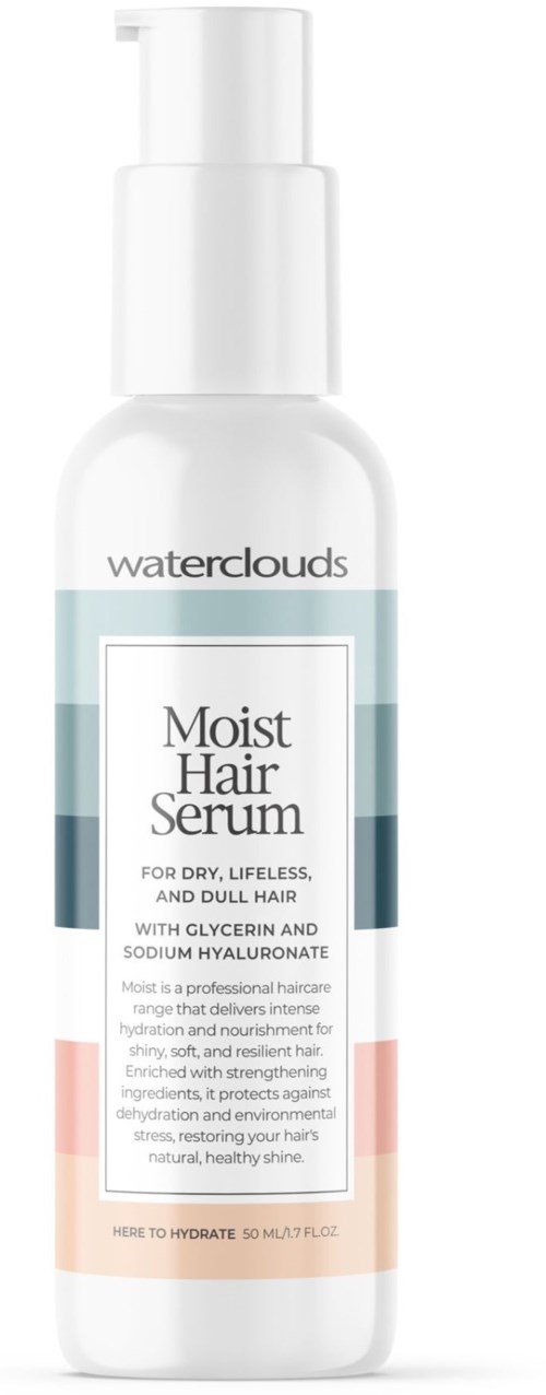 Een witte fles Waterclouds Moist Hair Serum voor droog, futloos haar, met spraydop en labelinformatie.