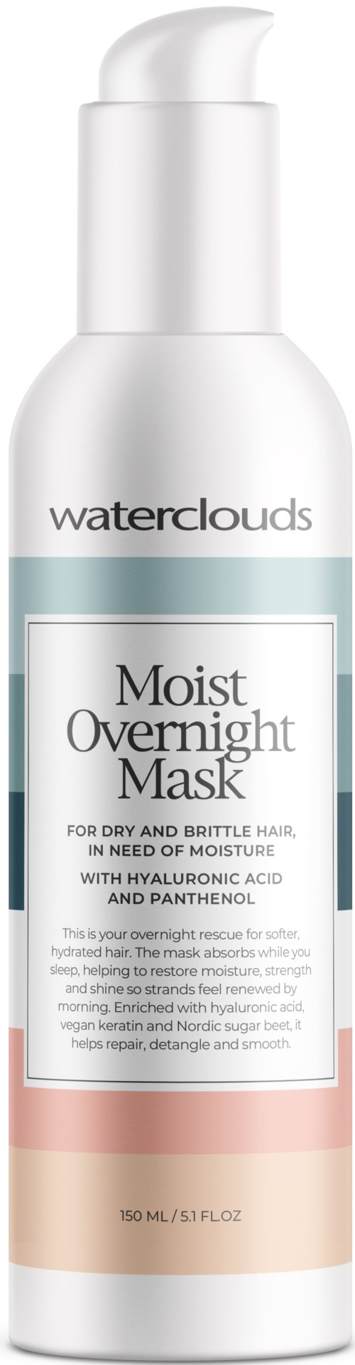 Een witte fles met pomp bevat Waterclouds Moist Overnight Mask voor droog, breekbaar haar met hyaluronzuur en panthenol.