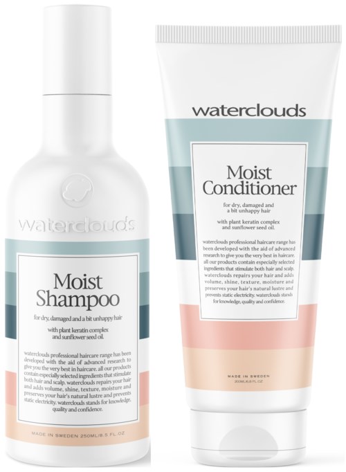 Twee haarverzorgingsproducten: Moist Shampoo en Moist Conditioner van Waterclouds, met labels, witte flessen en pastelkleuren.