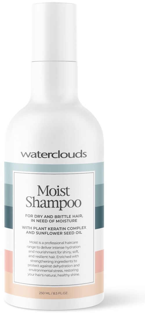 White shampoo bottle with blue and pink labels, labeled Waterclouds Moist Shampoo for brittle hair, 250 ml.
