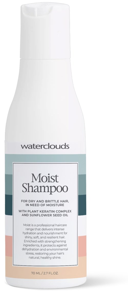Een witte fles Waterclouds Moist Shampoo voor droog en brullend haar, met pomp en productbeschrijving.