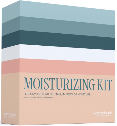 Box with pastel stripes containing moisturizing kit for dry, brittle hair, with sunflower oil and plant keratin.