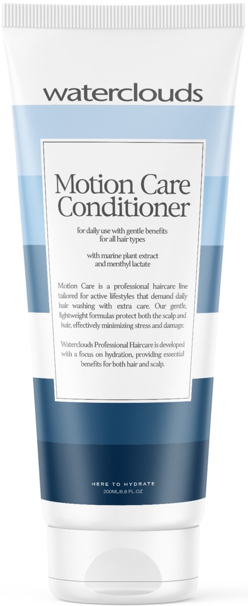 Een witte en blauwe tube Waterclouds Motion Care Conditioner voor alle haartypes.