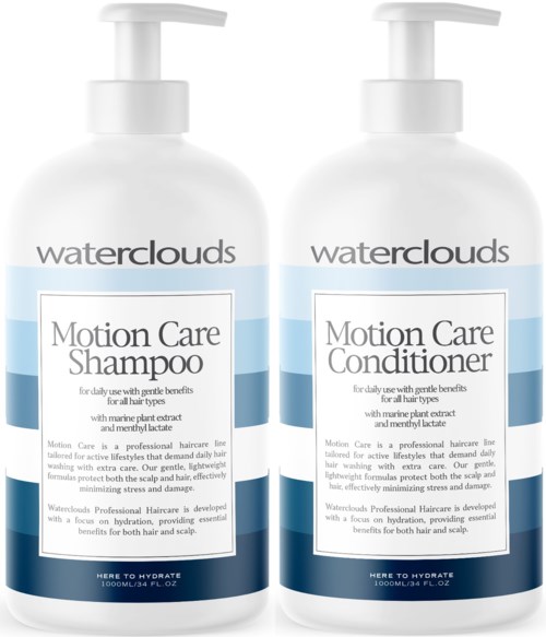 Twee flessen met Waterclouds Motion Care Shampoo en Conditioner met pompdispenser.
