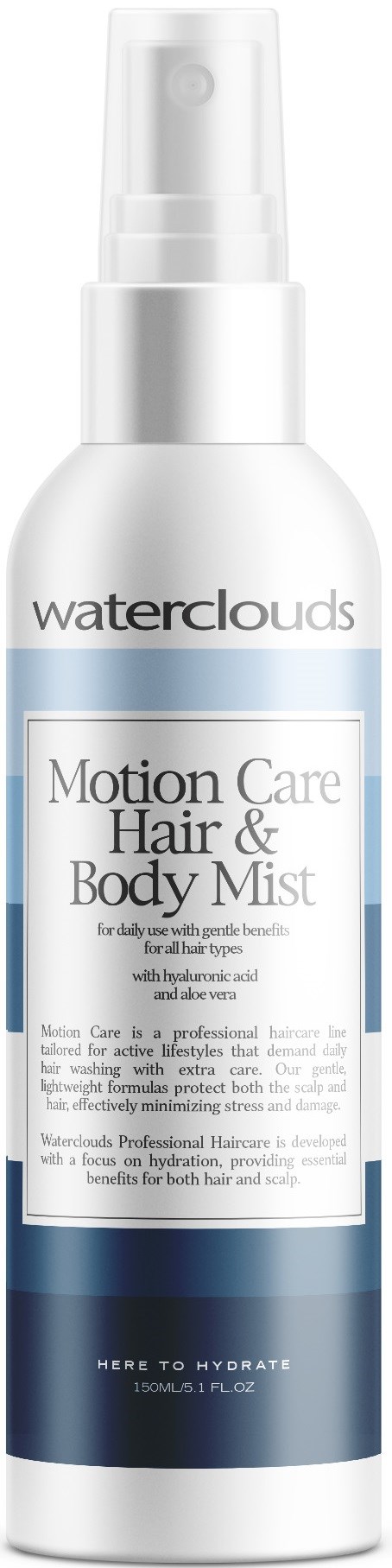 Een witte fles met spraydop met het label Waterclouds Motion Care Hair & Body Mist.