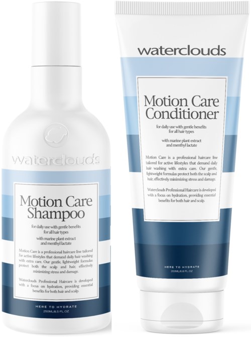 Een witte fles met het label 'Motion Care Shampoo' en een witte tube met het label 'Motion Care Conditioner' van Waterclouds.