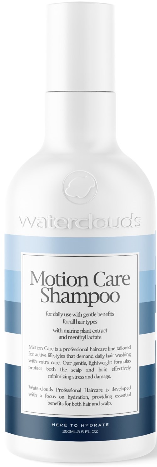Een witte fles Waterclouds Motion Care Shampoo met een blauwe label en witte dop.