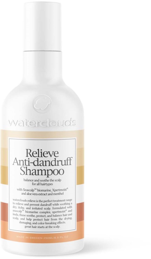 De afbeelding toont een witte fles waterclouds Relieve Anti-dandruff Shampoo met eenvoudig label en dop.