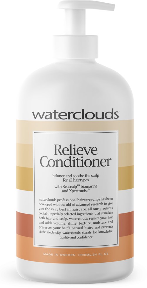 Een fles Waterclouds Relieve Conditioner met pomp, witte label en gekleurde banden, bevordert hoofdhuidverlichting.
