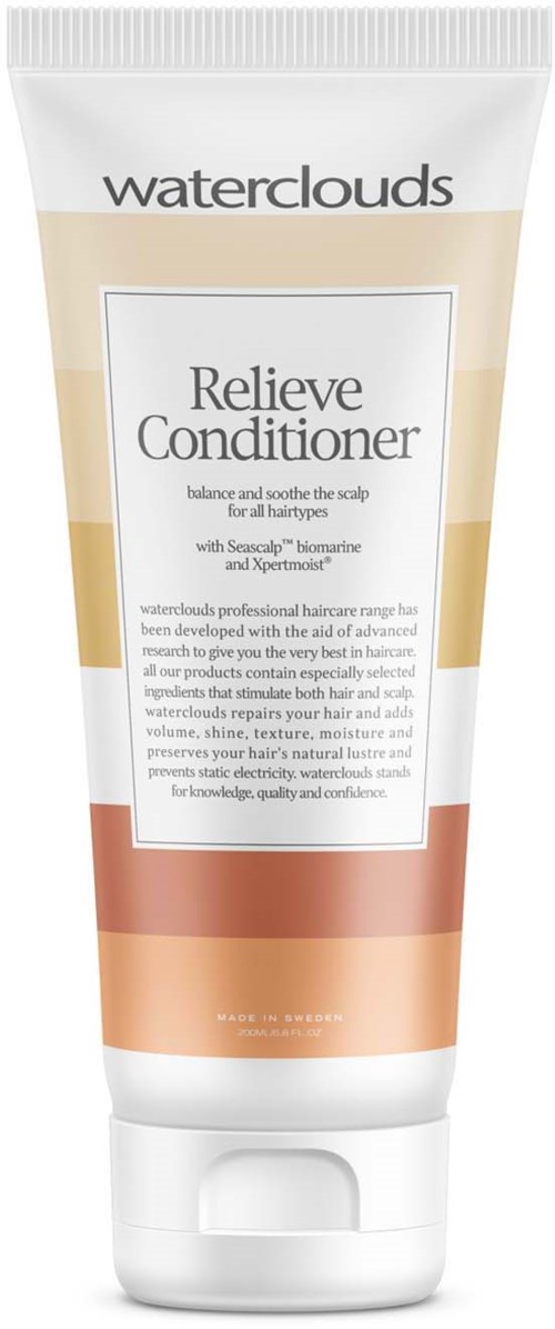 Een tube Waterclouds Relieve Conditioner met labels en gekleurde secties in beige, oranje en wit. De tekst beschrijft de voordelen.