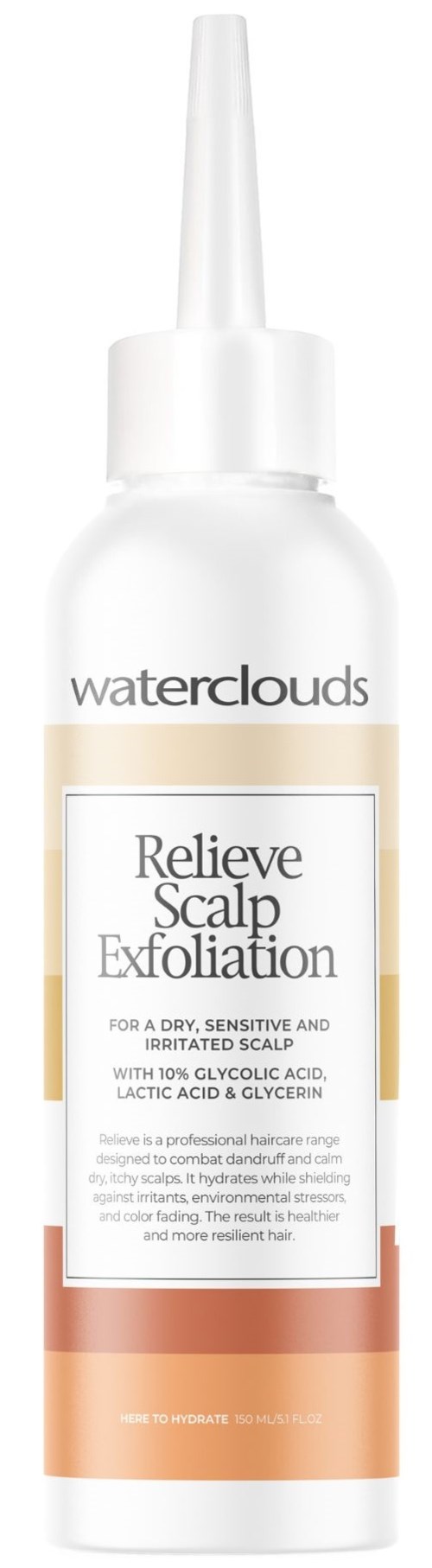 Een witte fles met puntige afwerking, gelabeld 'waterclouds Relieve Scalp Exfoliation', voor hoofdhuidverzorging.