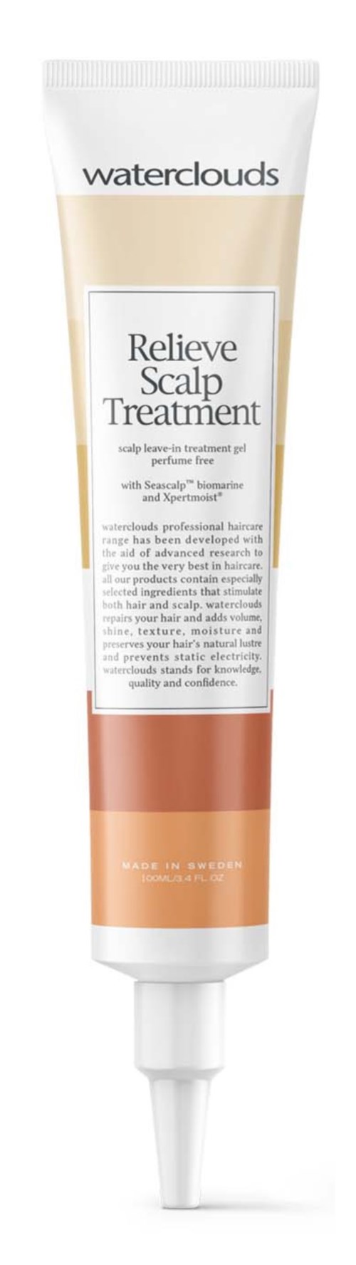 Een witte tube met een beige, witte en koperkleurige label. Het is een hoofdhuidbehandeling van Waterclouds.