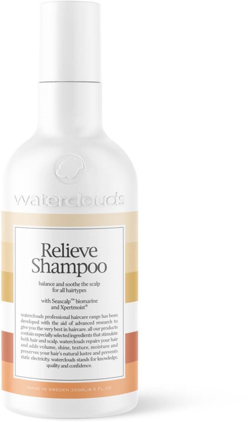 Weiße Flasche mit beige- und orangefarbenem Etikett, genannt Relieve Shampoo, für Kopfhaut und Haare.