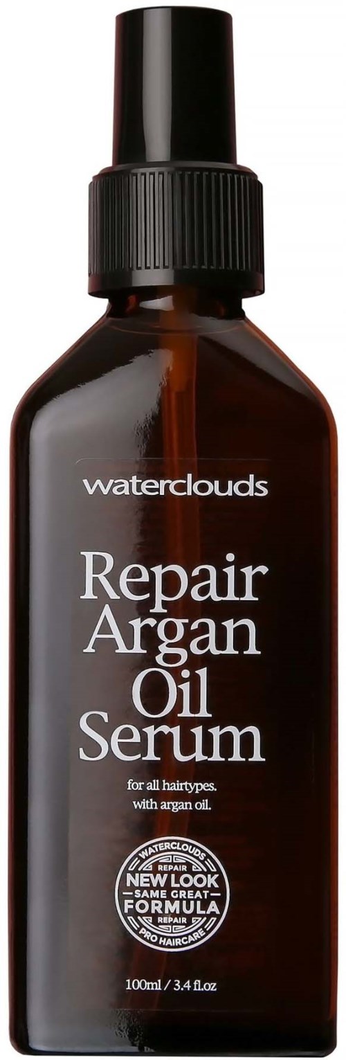 Een bruine fles met label 'Waterclouds Repair Argan Oil Serum' en een zwarte dop, voor alle haartypes.