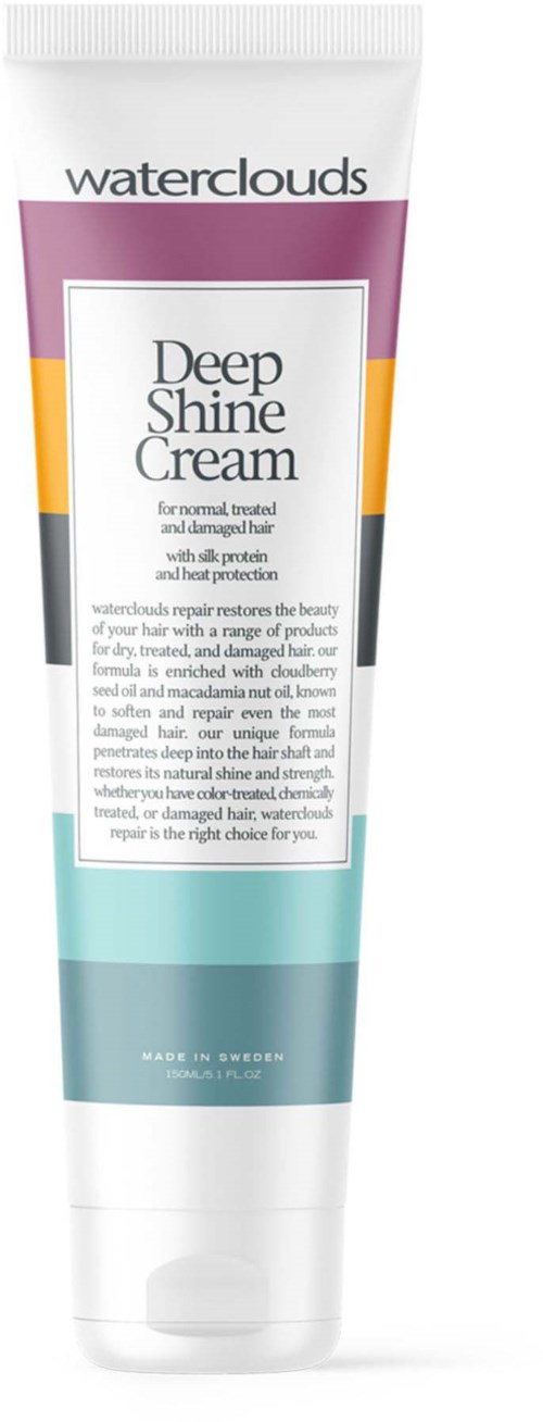 Tube Waterclouds Deep Shine Cream voor haar, met paars, geel, zwart en teal kleuren en beschrijvende tekst.