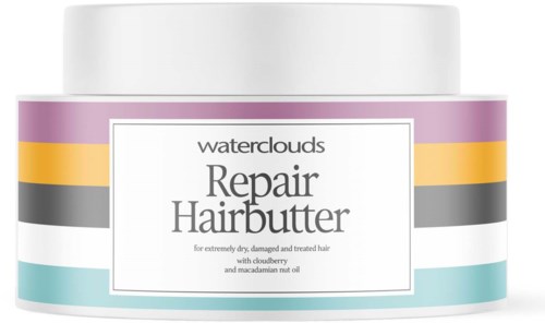 A round container of waterclouds Repair Hairbutter with purple, yellow, black, and white labels for damaged hair.