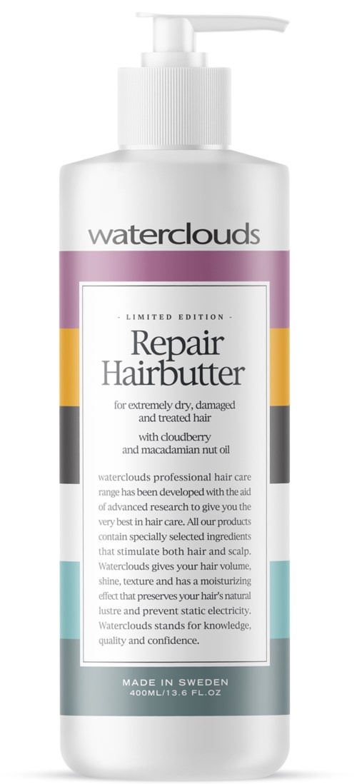 En vit flaska med Waterclouds Repair Hairbutter för torrt och skadat hår, med pump och färgglad etikett.