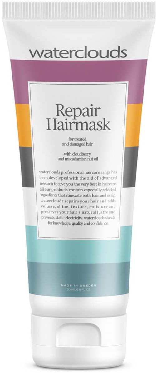 Eine Tube Waterclouds Repair Hairmask für geschädigtes und trockenes Haar mit farbigem Banddesign und Anweisungen.