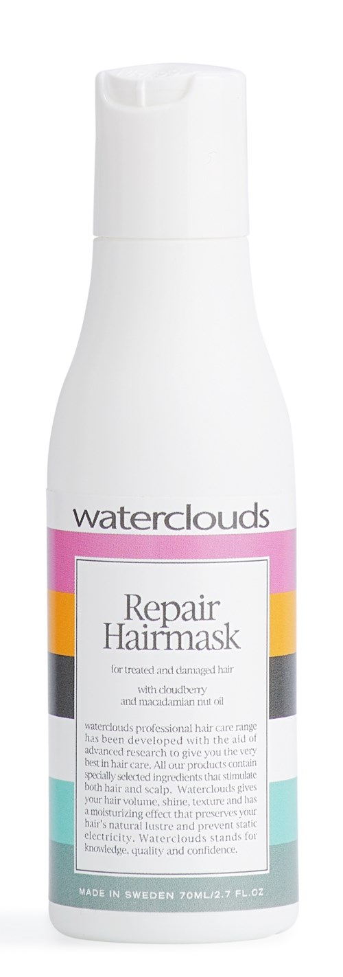 A white bottle of Waterclouds Repair Hairmask with a colorful label, designed for hair care.