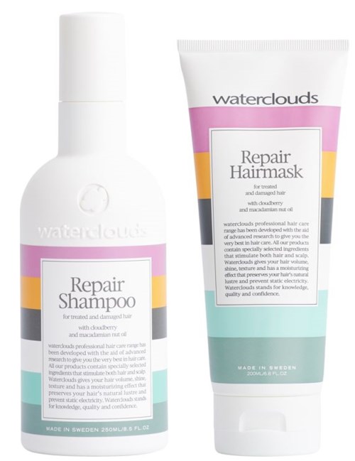 Zwei Haarpflegeprodukte: Repair Shampoo und Repair Hairmask mit pinker, gelber, blauer und weißer Verpackung.
