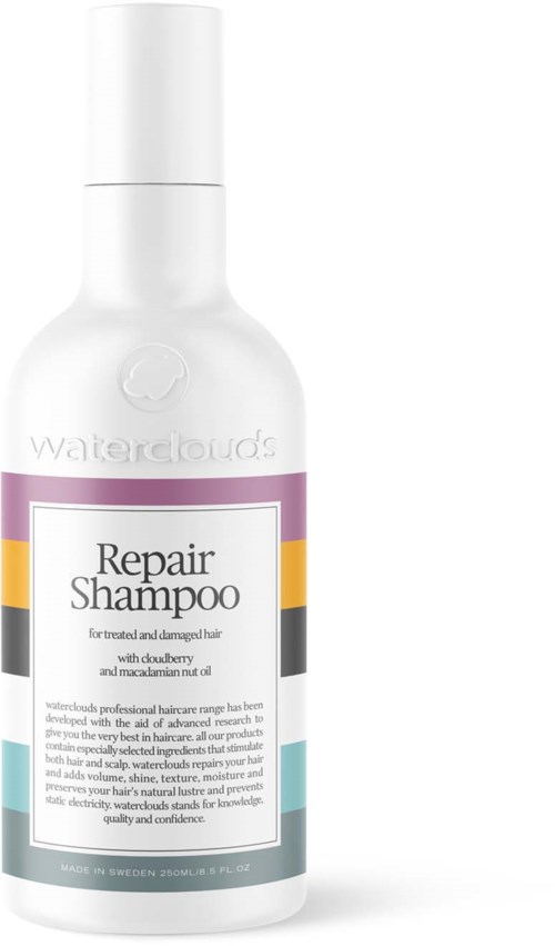 Een witte fles Waterclouds Repair Shampoo met kleurrijk label en witte dop.