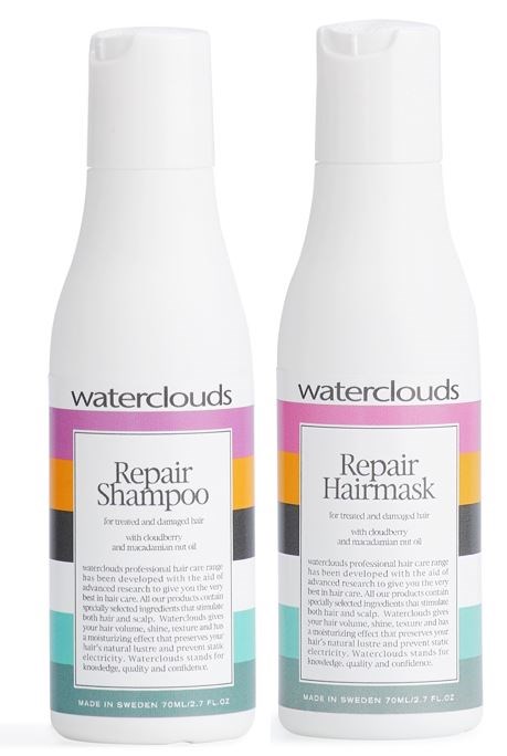 Twee witte flessen, een voor herstelshampoo en de andere voor reparatie haarmasker, met kleurrijke etiketten en zwarte tekst.