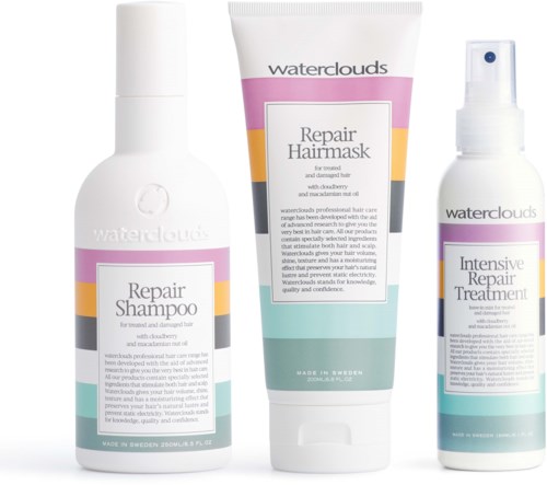 Drei Waterclouds-Haarpflegespender zur Reparatur, inklusive Shampoo, Haarmaske und Behandlung, mit weißem Verpackung und farbigen Akzenten.
