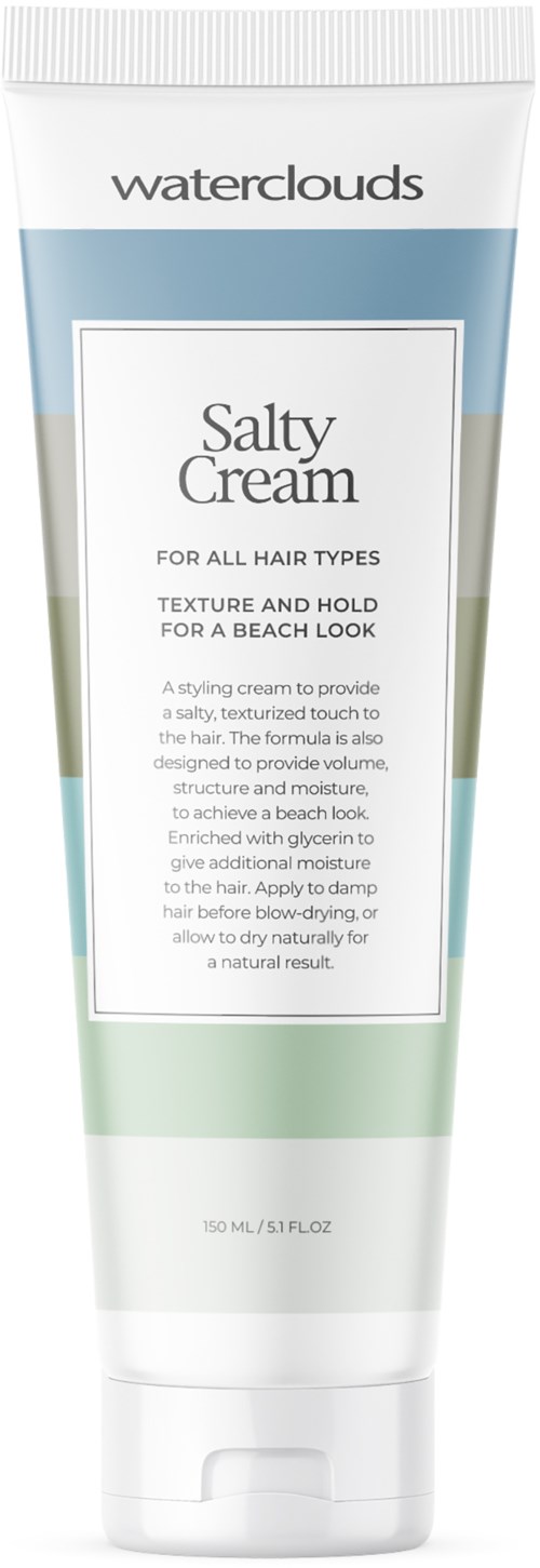 A tube of salty hair cream for all hair types, providing texture and hold for a beach look.
