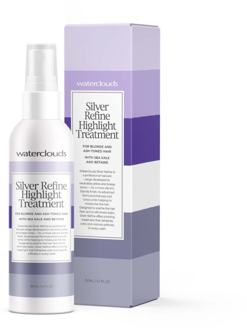 Een witte sprayfles met paarse label naast een paarse, witte en blauwe doos. Het product is Waterclouds Silver Refine Highlight Treatment.