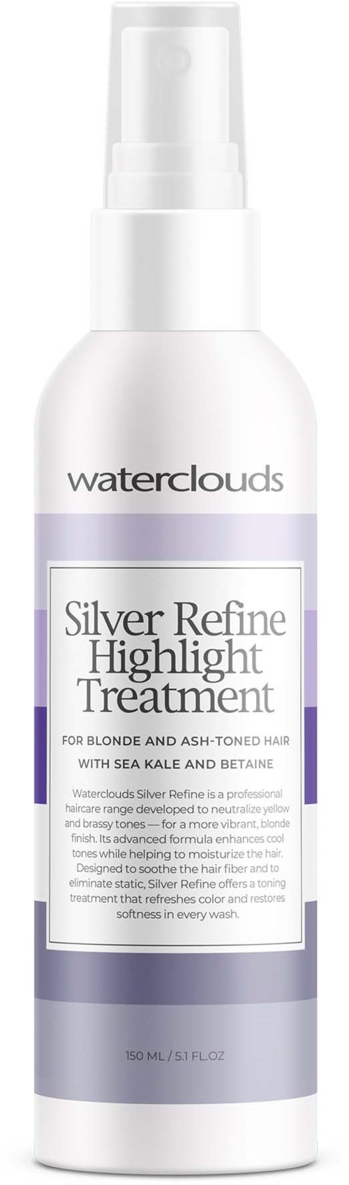 Een witte sprayfles, gemarkeerd als Waterclouds Silver Refine Highlight Treatment voor blond haar.
