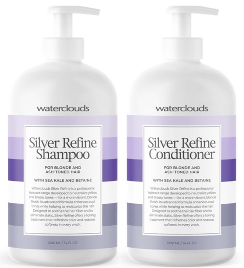 Twee witte flessen Waterclouds Silver Refine, shampoo en conditioner voor blond haar.