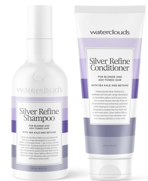Waterclouds Silver Refine Shampoo und Conditioner für blondes, aschfarbenes Haar mit Meereskohl und Betain. Verpackung zeigt die Produkte.