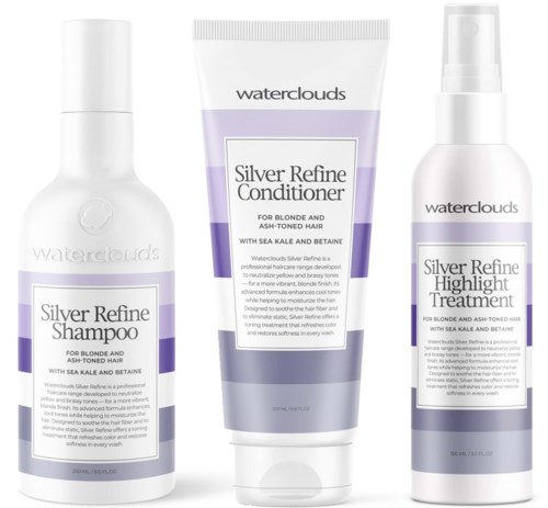 Drei Waterclouds-Haarpflegeprodukte: Shampoo, Conditioner und Behandlung für blondes und aschfarbenes Haar.
