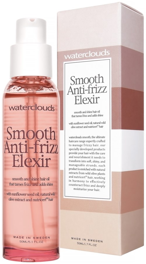Een roze haarverzorgingsfles met label 'Waterclouds Smooth Anti-frizz Elexir' en een bijpassende doos, beide met een minimalistisch ontwerp.