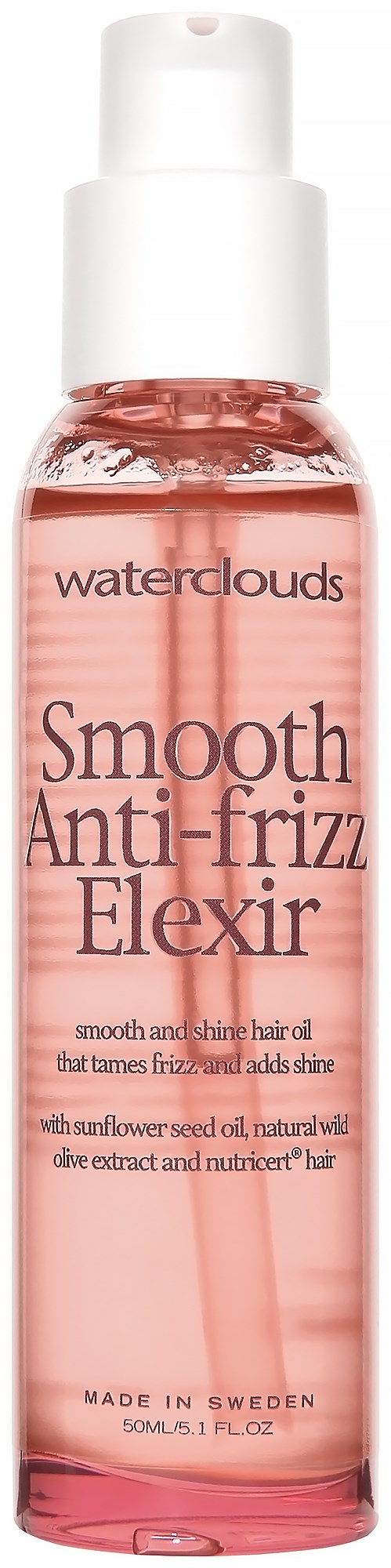 Een roze fles Waterclouds Smooth Anti-frizz Elixir voor glanzend, pluisvrij haar, gemaakt in Zweden.