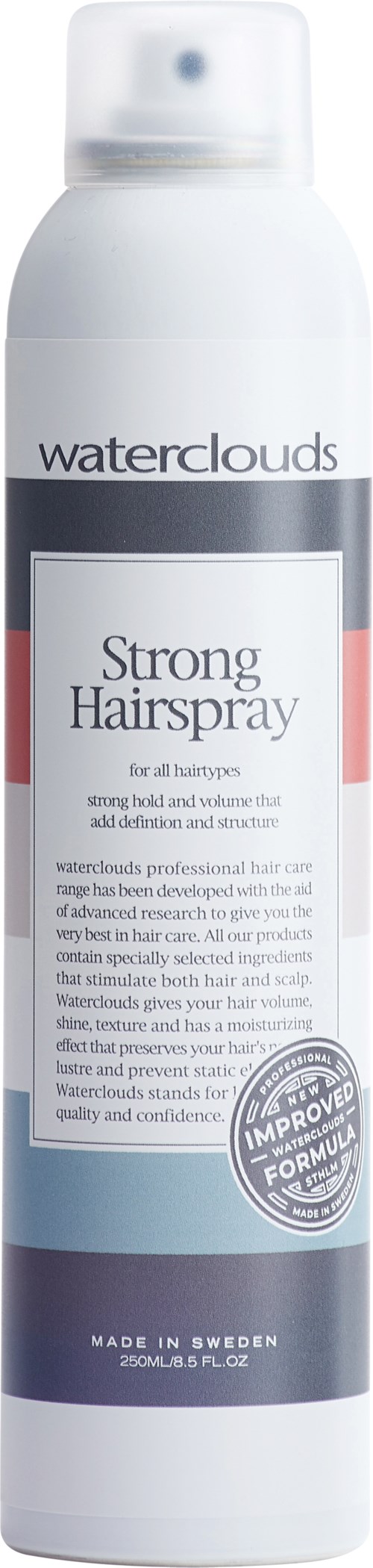 Een witte spuitfles met label 'Strong Hairspray' van Waterclouds, met blauwe en roze ontwerp, gemaakt in Zweden.