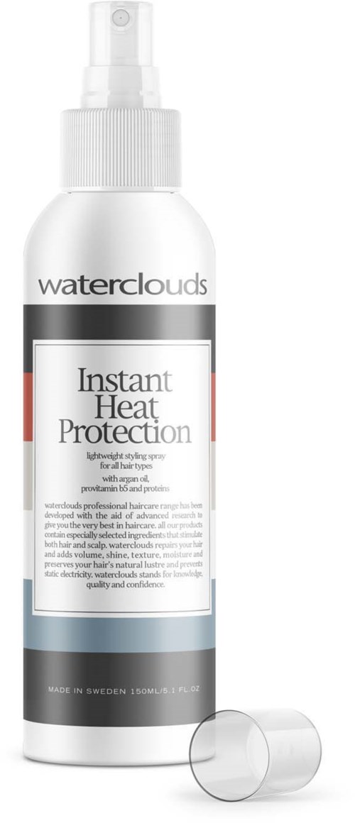 A white spray bottle labeled 'Waterclouds Instant Heat Protection' with a transparent cap and spray nozzle.
