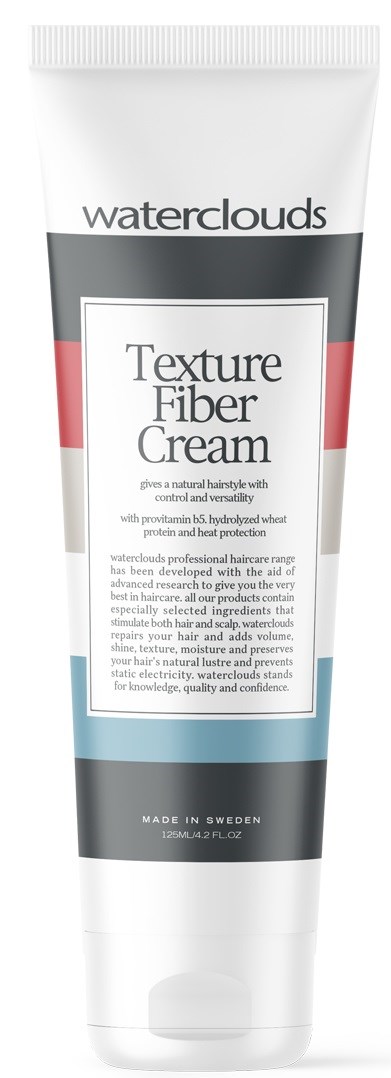 Eine weiße Tube Waterclouds Texture Fiber Cream mit schwarzen, roten und blauen Designelementen und Text.