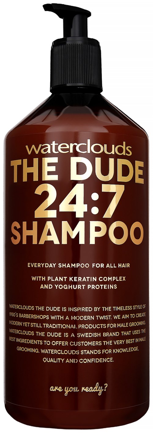 A brown shampoo bottle with a black pump labeled 'Waterclouds The Dude 24:7 Shampoo' for all hair types.