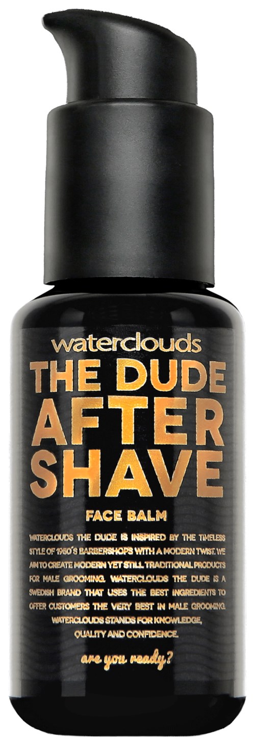 Black bottle with pump contains Waterclouds The Dude After Shave Face Balm text in orange and white.