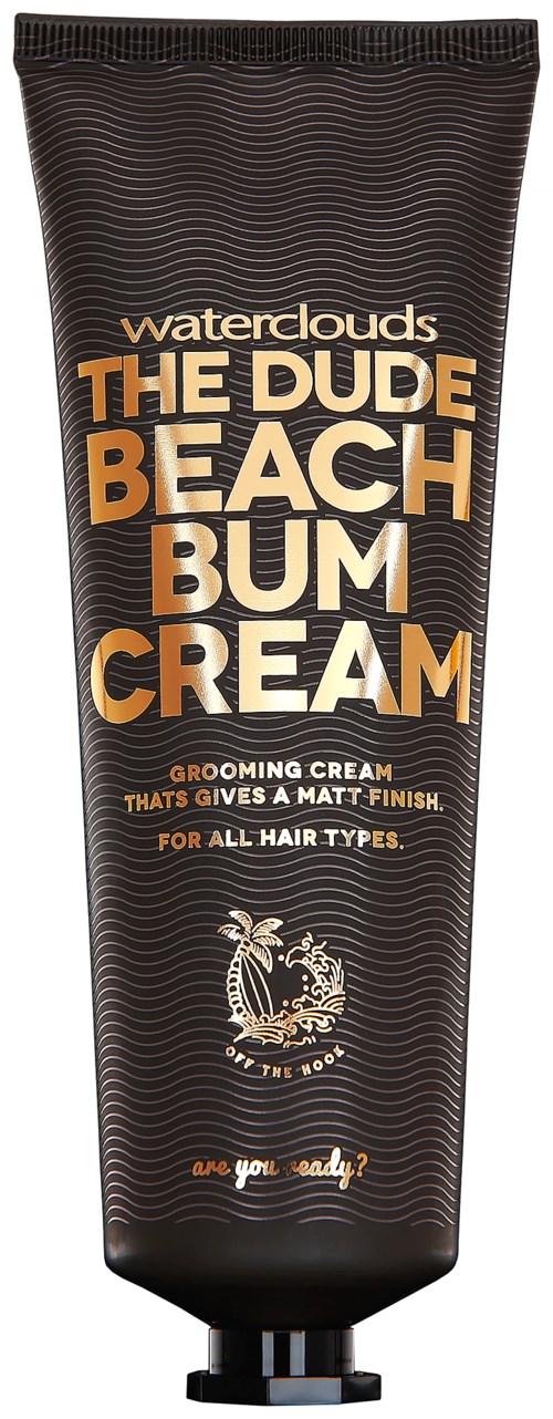 Pflegecreme namens 'The Dude Beach Bum' für alle Haartypen, gibt ein mattes Finish. Schwarzes und goldenes Design.