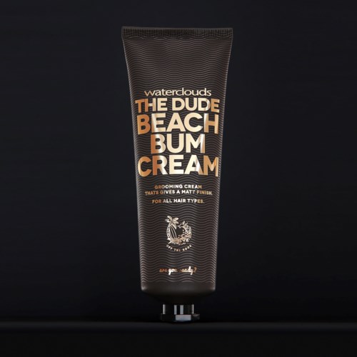 Eine schwarze Tube mit Pflegecreme namens 'Waterclouds The Dude Beach Bum Cream' mit orange und weißem Text.