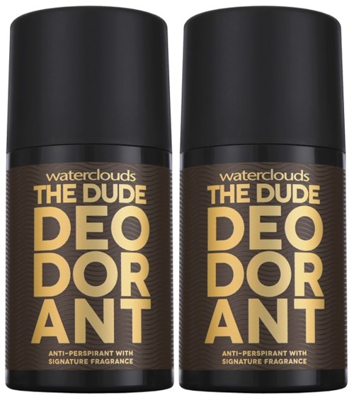 Two cans of Waterclouds The Dude Deodorant with black and gold label, anti-perspirant, signature fragrance.