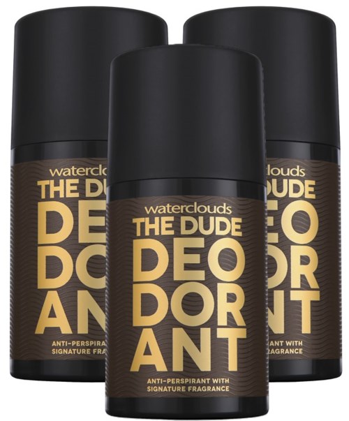 Drei Dosen deos mit der Aufschrift THE DUDE DEODORANT und schwarzen Behältern mit goldener Schrift.