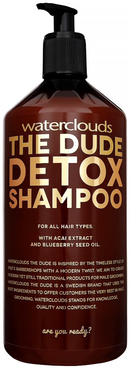 The image shows a brown bottle of Waterclouds The Dude Detox Shampoo with a black pump and label text.
