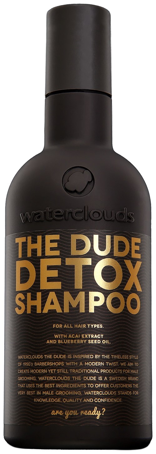 Schwarze Flasche mit The Dude Detox Shampoo in Gold und Weißer Schrift und Wassertropfen-Symbol.