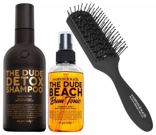 Ein Shampoo und eine Sprühflasche Tonic, mit einer schwarzen Haarbürste, alles für Haarpflege und Styling.