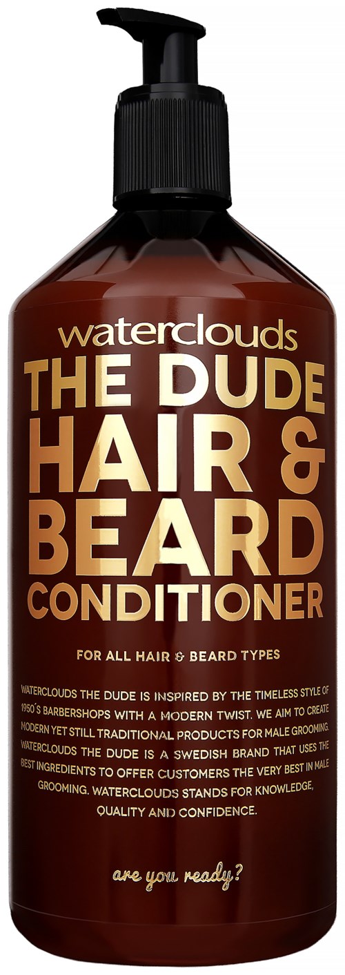 A brown bottle with a black pump labeled "Waterclouds The Dude Hair & Beard Conditioner" for hair and beard care.