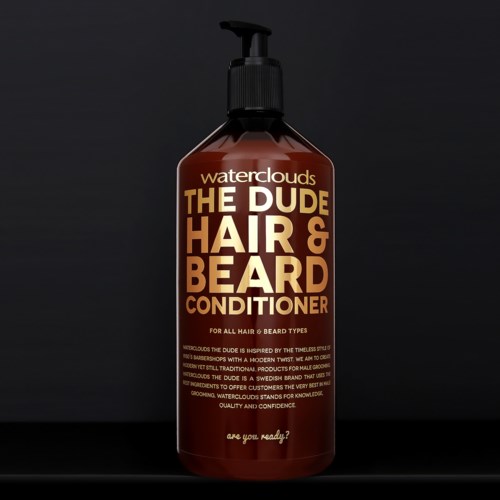 A brown bottle of Waterclouds The Dude Hair & Beard Conditioner with a pump, labeled for all hair and beard types.